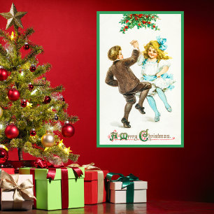 Poster Vintage Retro Feliz Natal Garoto Verde Holly