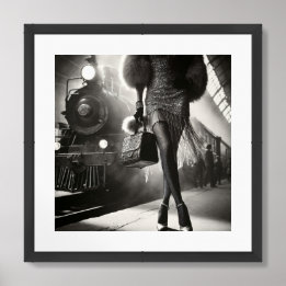 Poster Vintage retro glamoroso garota na estação de trem