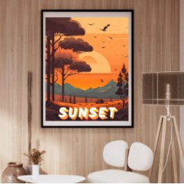 Poster Vintage Retro Landscape Viagem Sunset Art Impressã