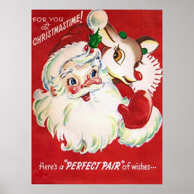 Póster Vintage retro Papais noeis de Natal Reindeer poste (Frente)