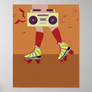 poster vintage retrô patinando garota com boom bo