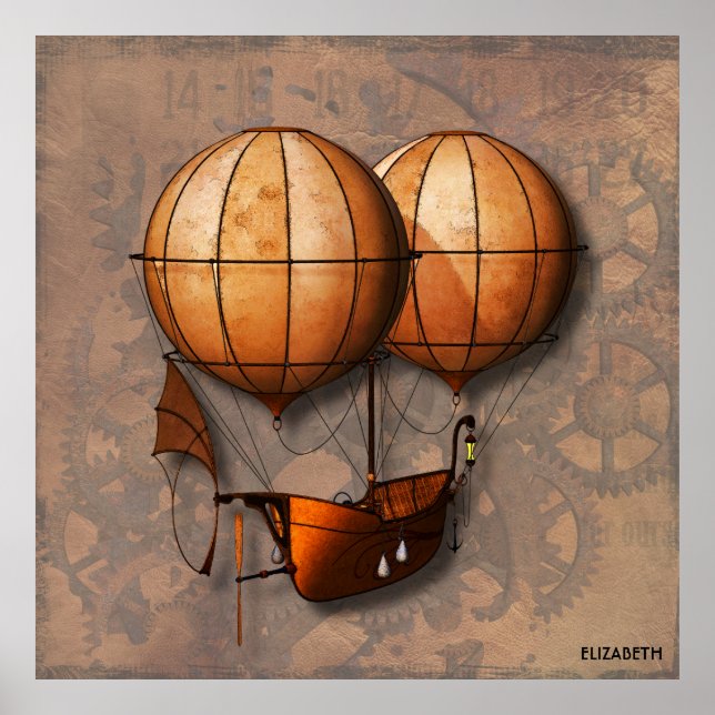 Póster Vintage Retro Steampunk Air Balloon Com Navio (Frente)