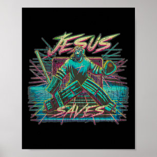 Poster Vintage Retro Vaporwave Jesus Salva Hóquei no Gelo