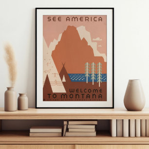 Poster Vintage Retro Veja a América Bem-vindo a Montana