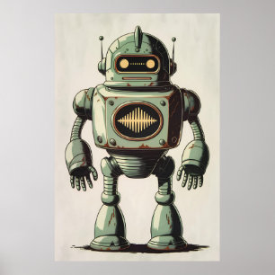 Poster Vintage Robot Illustration - Trabalho de arte de S