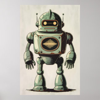 Poster Vintage Robot Illustration - Trabalho de arte de S