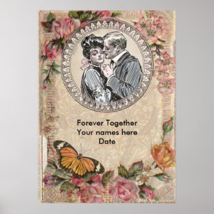 Póster Vintage Romance Casal Antiquado Casamento de Rosas