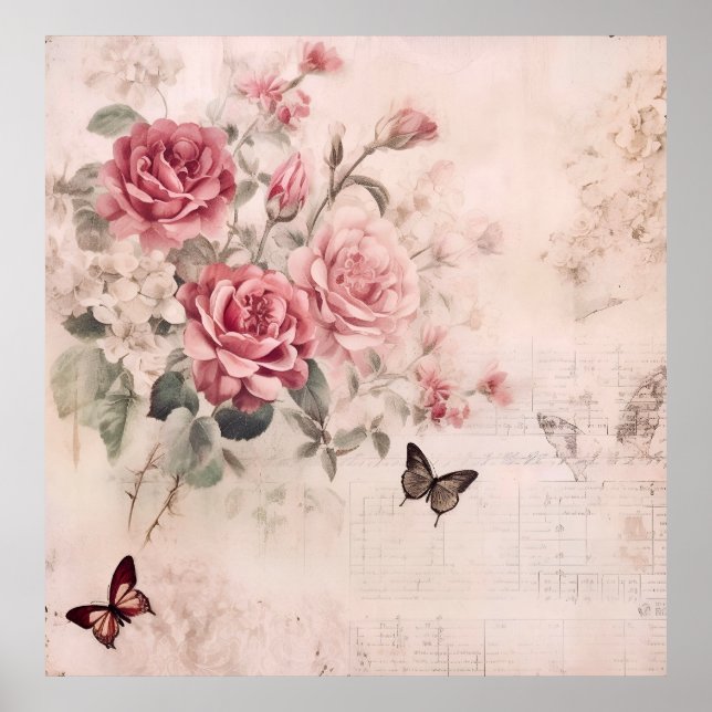 Poster Vintage Rosa & Music Notes French Floral (Frente)