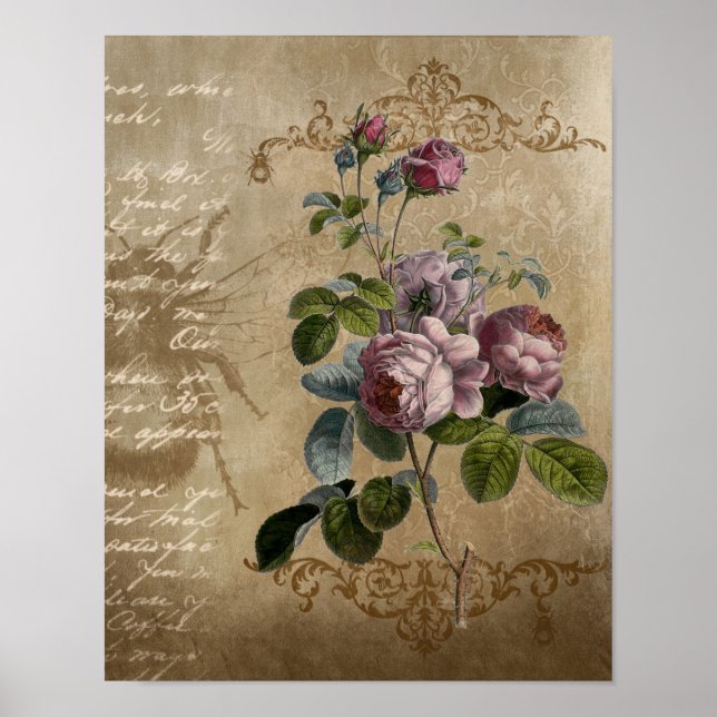 Poster Vintage Rosas com Script. (Frente)