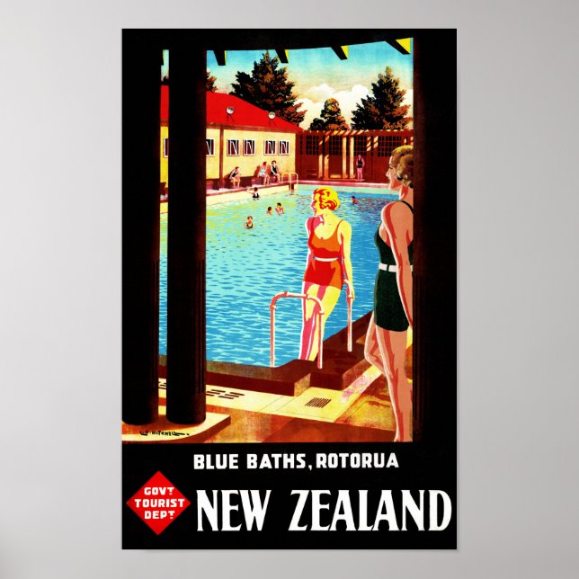 Poster vintage Rotorua Nova Zelândia Restaurado (Frente)