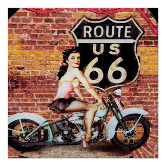 Póster Vintage Route 66 Lady on Motorcycle Poster