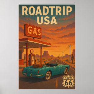 Poster Vintage Route 66 Road Trip - Retro American Viagem