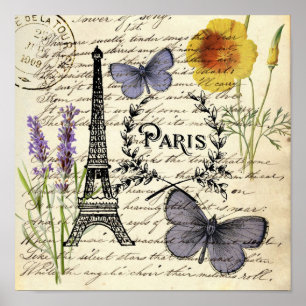 Poster vintage rustic borterfly paris eiffel torre