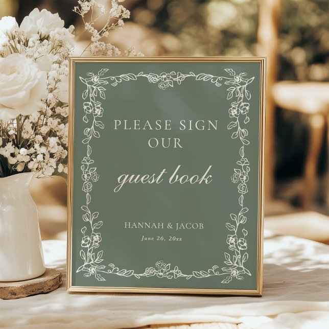 Poster Vintage Sage Green Wedding Guestbook Sign (Criador carregado)