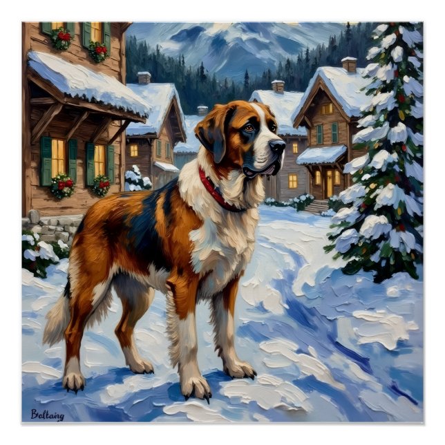 Póster Vintage Saint Bernard Alpine Christmas Painting (Frente)