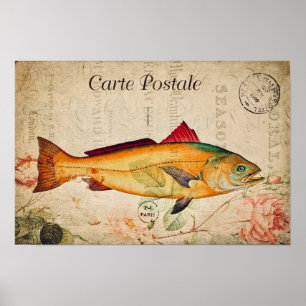 Poster Vintage Salmon Fish Floral French Illustration