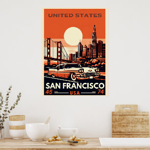 Poster Vintage San Francisco City Classic car, Califórnia