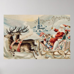 Poster Vintage Santa Claus Christmas Sleigh Reindeer