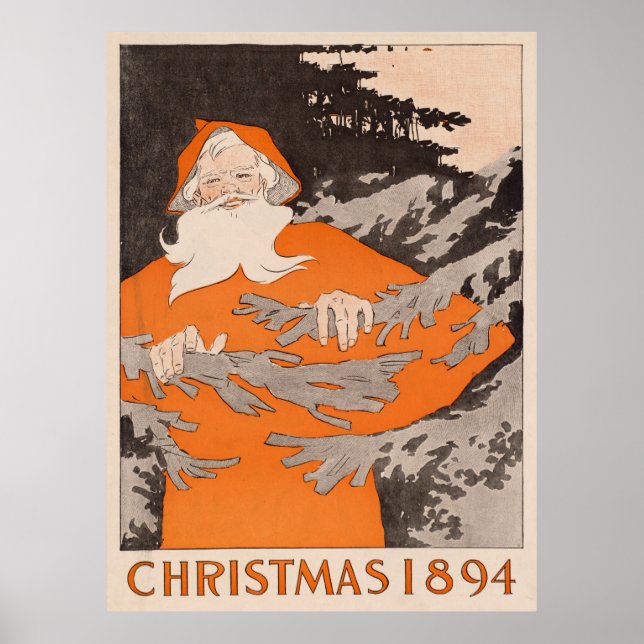 Poster Vintage Santa Claus em Ilustração Florestal (Frente)