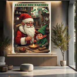 Póster Vintage Santa's Toy Factory Elf Helper in Workshop