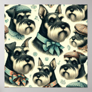 Poster Vintage Schnauzer Ilustração Sem Costura