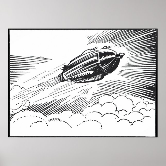 Poster Vintage Science Ficeship Rocket in Clouds (Frente)
