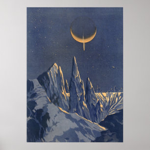 Póster Vintage Science Ficet, Crescent Moon Snow Planet