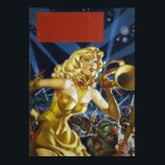 Póster Vintage Science Ficting Alienígena Monstros Pulp<br><div class="desc">Uma ilustração de uma revista de polpa de safra que mostra uma mulher soprando uma buzina enquanto aliens invadem.</div>