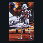 Póster Vintage Science Ficting Soldados Robôs Militares<br><div class="desc">Imagem de robô militar com Ficção Científica futurista Vintage. Um soldado alienígena hostil segurando uma espingarda e em frente a uma aeronave ou avião militar com uma estrela. Ele está num planeta desolado pronto para entrar em guerra com fumaça, fogo e explosões. Hora de lutar e lutar contra os aliens...</div>