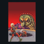 Póster Vintage Science Fiction Giant Centipede Insect War<br><div class="desc">Ilustração vinda de aliens futuristas e robôs imagem de ficção científica. Uma cena clássica de ficção científica em quadrinhos retrô,  com astronautas com armas laser lutando e batendo num monstro enorme. Um inseto assustador de centípede com 100 patas!</div>