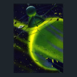 Poster Vintage Science Fiction Green Planet w Spaceship<br><div class="desc">Ilustração vintage: planetas futuristas de ficção científica e imagem espacial. Uma espaçonave voando ao redor da atmosfera de um planeta verde neon com muitos asteroides e estrelas no céu no futuro. Um clássico design de quadrinhos retrô de ficção científica.</div>