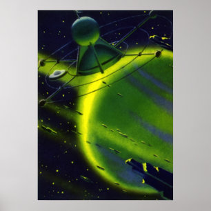 Poster Vintage Science Fiction Green Planet w Spaceship