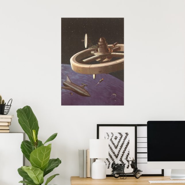 Poster Vintage Science Fiction, Space Station with Planet (Escritório em casa)