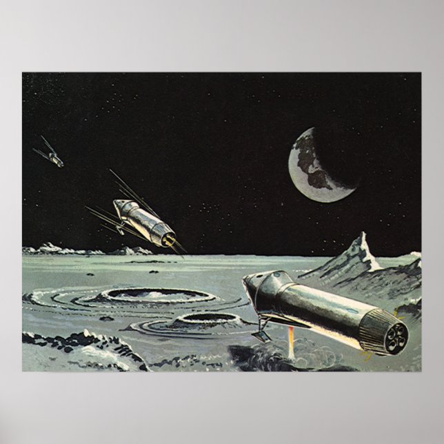 Póster Vintage Science Fictions, Rocket ships Moon Planet (Frente)