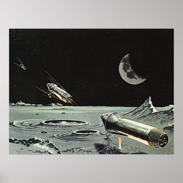 Póster Vintage Science Fictions, Rocket ships Moon Planet (Frente)