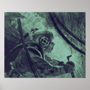 Poster Vintage Scuba Diver Industrial Soldadura Submarina