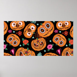Poster vintage seamless pattern for Halloween. Pumpkin, f