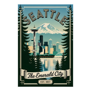 Póster Vintage Seattle Washington Cidade Esmeralda Retro