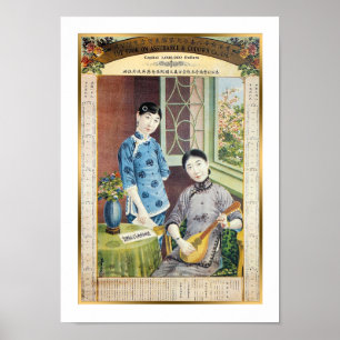 Poster Vintage Shanghai China Bank Ad Woman com Lute