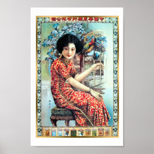 Poster Vintage Shanghai China Cigarro Ad Woman Parrot