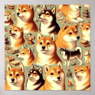 Poster Vintage Shiba Inu - Padrão sem costura
