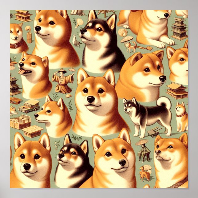 Poster Vintage Shiba Inu - Padrão sem costura (Frente)