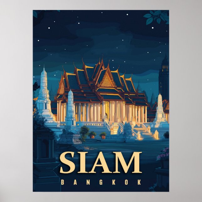 Poster Vintage Siam Bangkok Temples Viagem (Frente)