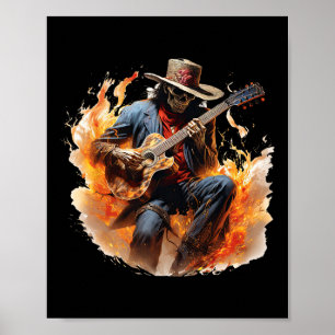 Poster Vintage Skeleton Cowboy Jogando Violão
