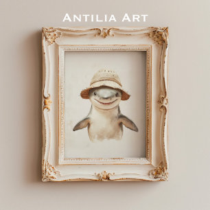 Poster Vintage Smiling White Shark Painting Marine Fish