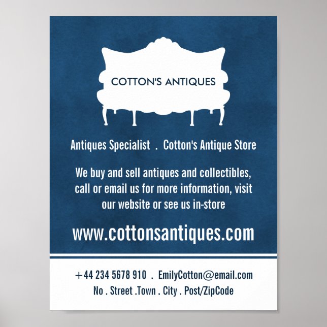 Poster Vintage Sofa, Elegante Azul, Revendedor Antiquado, (Frente)