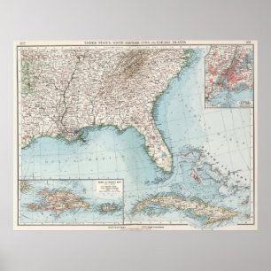 Póster Vintage Southeastern US and Caribbean Map (1900)
