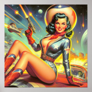 Poster Vintage Space Cowgirl Pin Up
