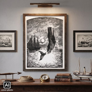 Póster Vintage Sperm Whale Breaking, Animais Marinhos