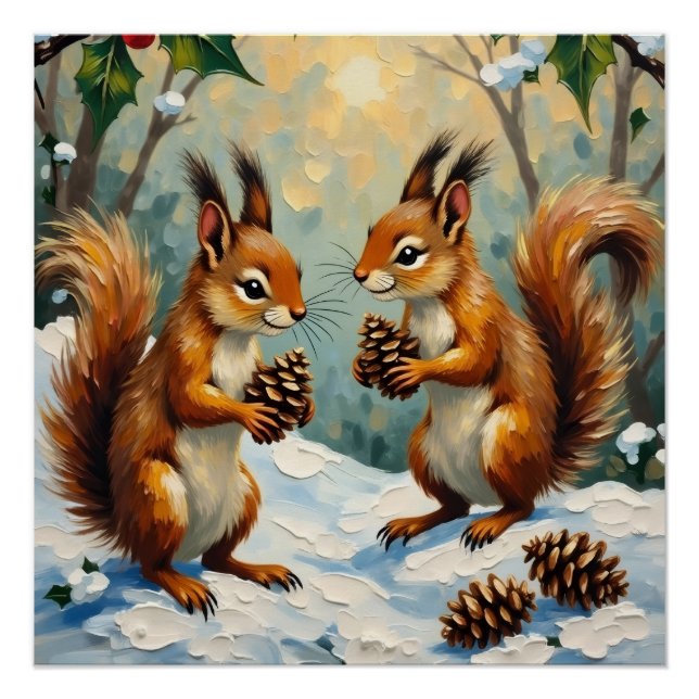 Póster Vintage Squirrels Gathering Pinecones Christmas (Frente)
